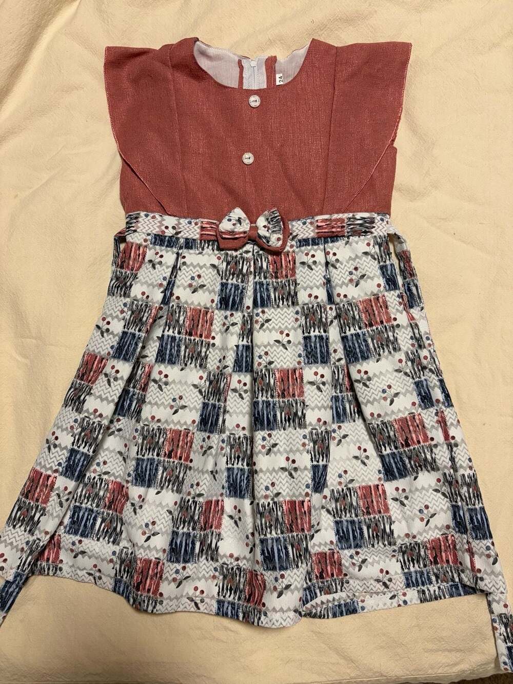 ZULAK Girls Dress Size 24 Red Blue Patchwork Cherry Print